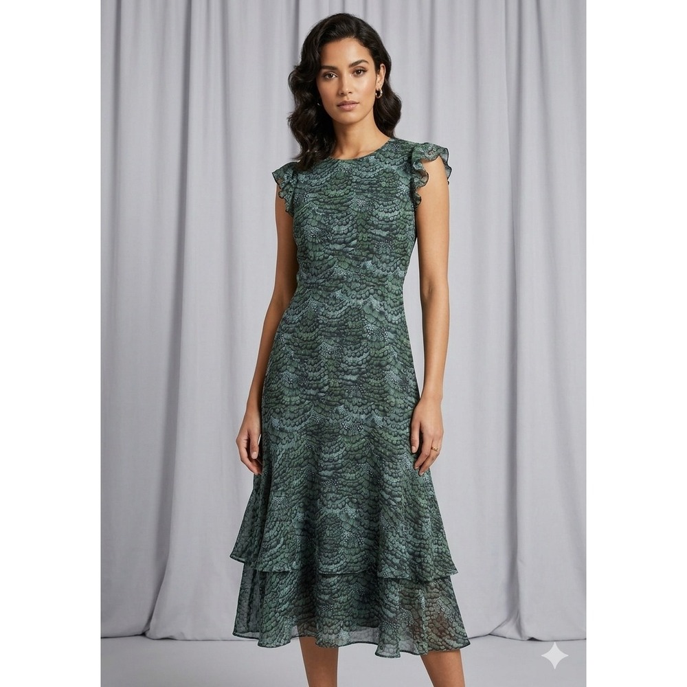 Scotch‎ & Soda Ruffle Midi Dress Womens Small Green New